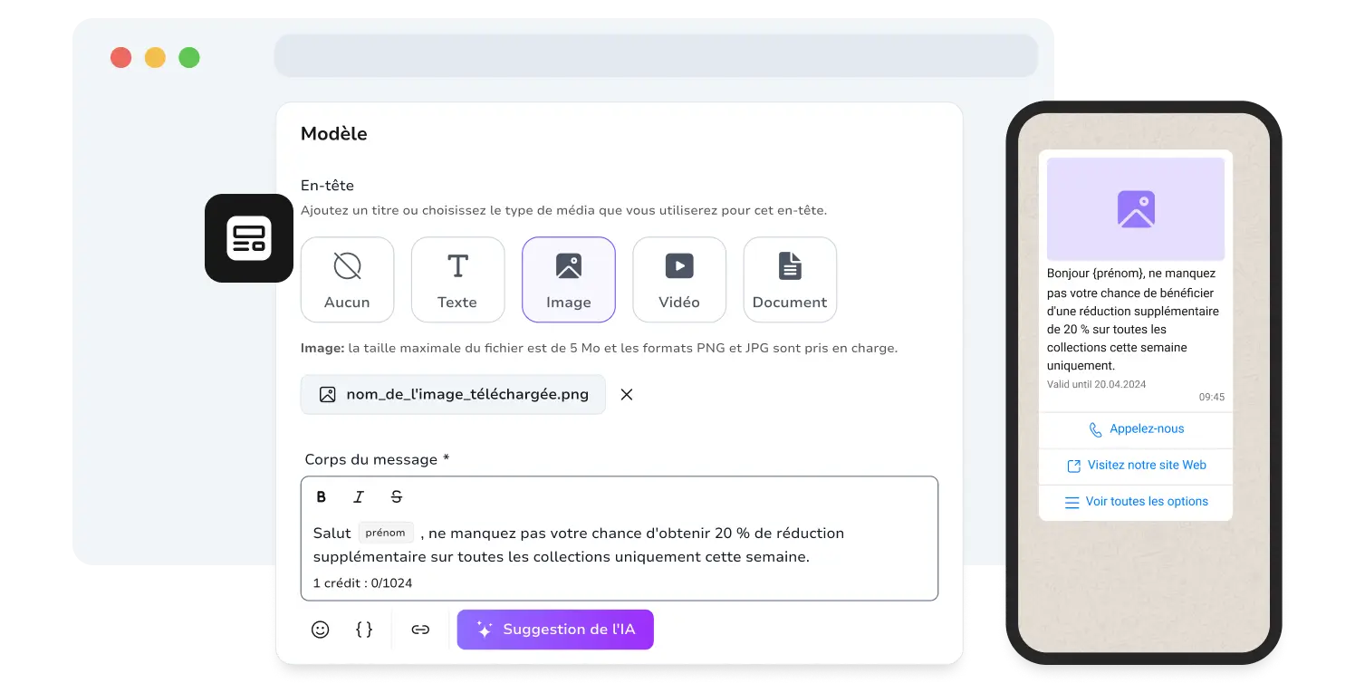 Capture d'écran de la page de création de modèles dynamiques pour WhatsApp sur TopMessage.